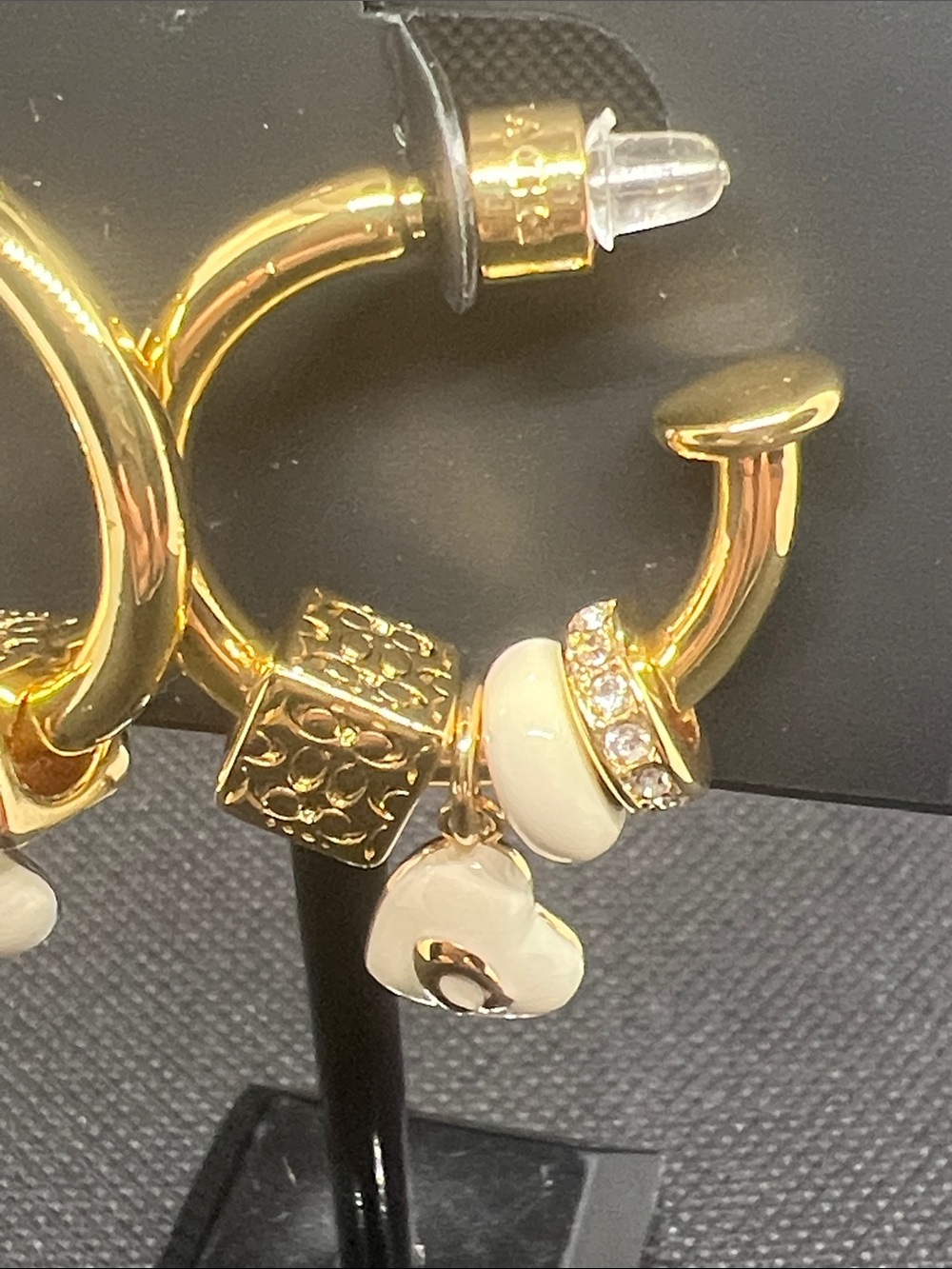 Coach Gold Hoop Earrings with Cream Heart Charms and Accent Beads - Picture 2 of 3